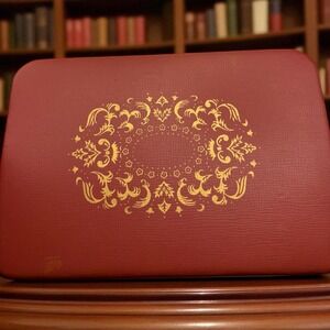 VTG Farrington Jewelry Box Red Genuine Texol Mid Century‎ USA Gold Filigree